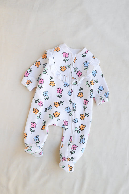 Blossom Printed Frilled Zipper Fleece Footed Sleepsuit