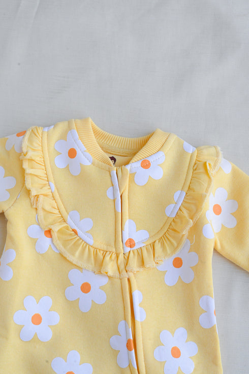 Floral Printed Frilled Zipper Fleece Footed Sleepsuit