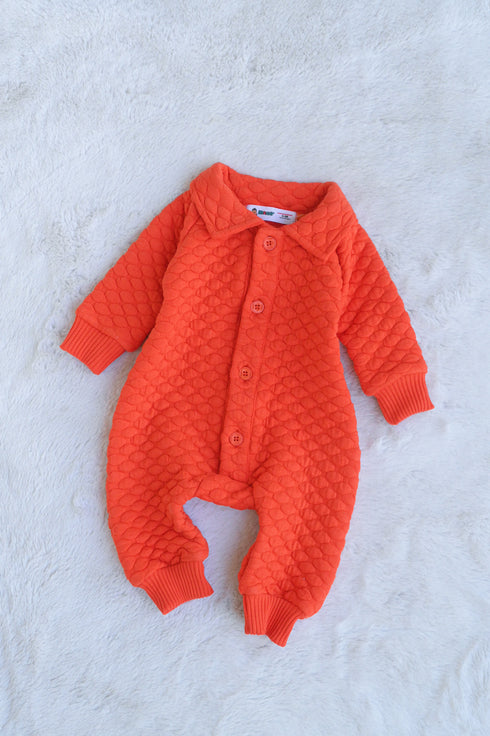 Orange Jacquard Knit Button-Up Sleepsuit