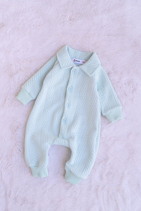 Sky Blue Jacquard Knit Button-Up Sleepsuit