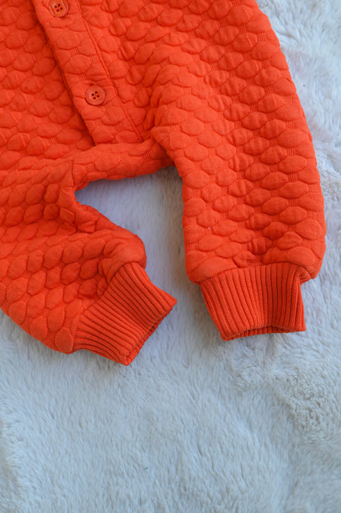 Orange Jacquard Knit Button-Up Sleepsuit