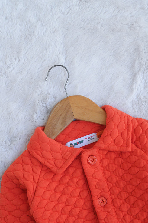Orange Jacquard Knit Button-Up Sleepsuit
