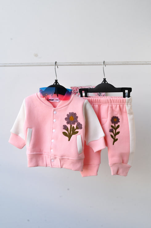 Pink Floral Fleece Varsity Jacket Set