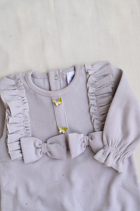 Sand Ruffle Bow Ribbed Sleepsuit