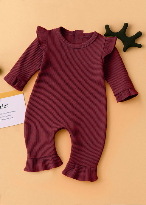 Burgundy Frilled Ribbed Sleepsuit
