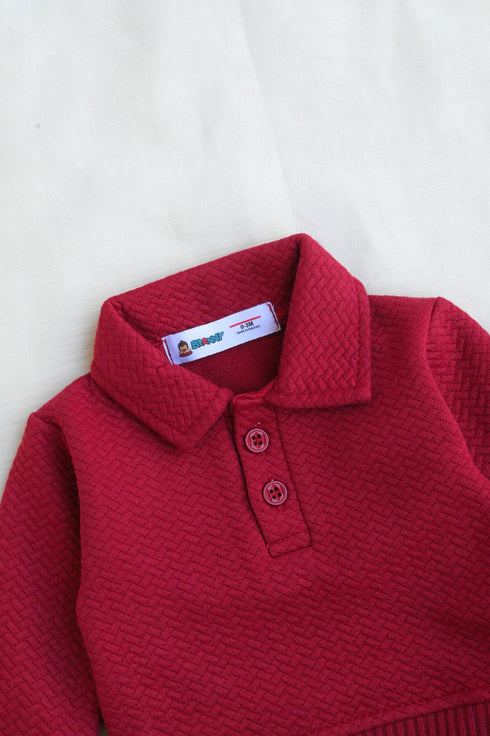 Jacquard Knit Polo Tracksuit Set (Maroon)