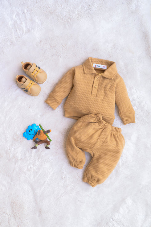 Jacquard Knit Polo Tracksuit Set (Beige)