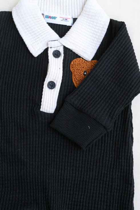 Bear Embroidery Waffle Knit Polo Sleepsuit (Black)