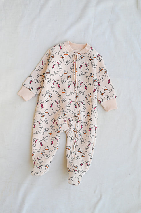Cream Bear Printed Fleece Footed Sleepsuit