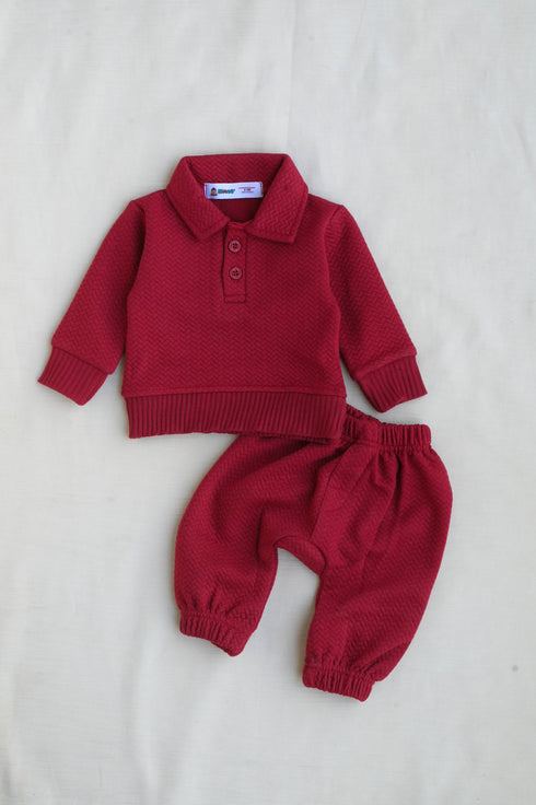 Jacquard Knit Polo Tracksuit Set (Maroon)
