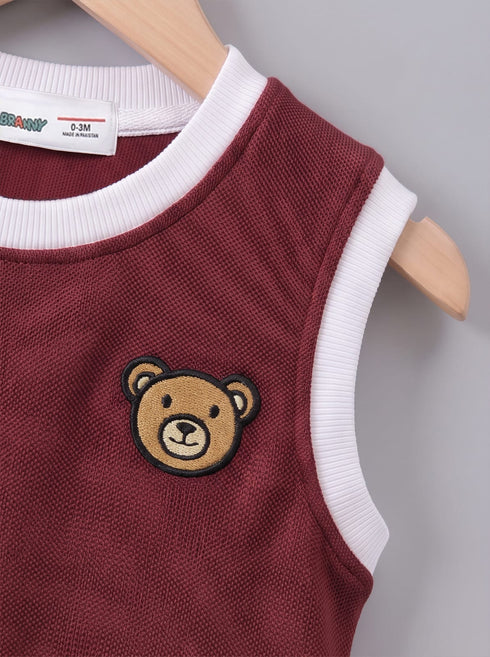 Burgundy Bear Embroidered Short Set