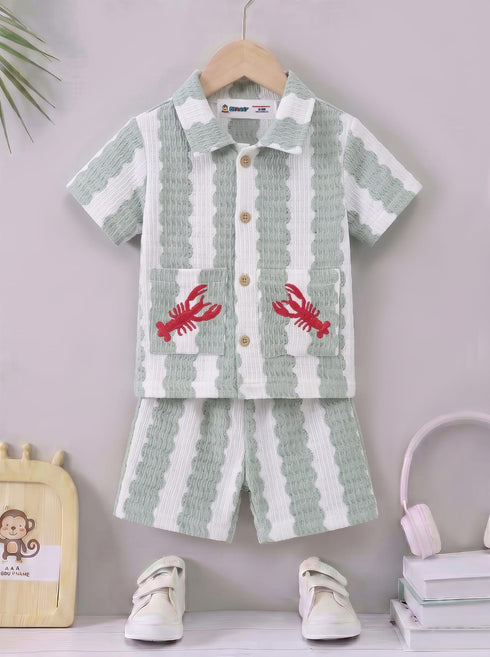 Green Striped Embroidered Button-Down Shirt Set