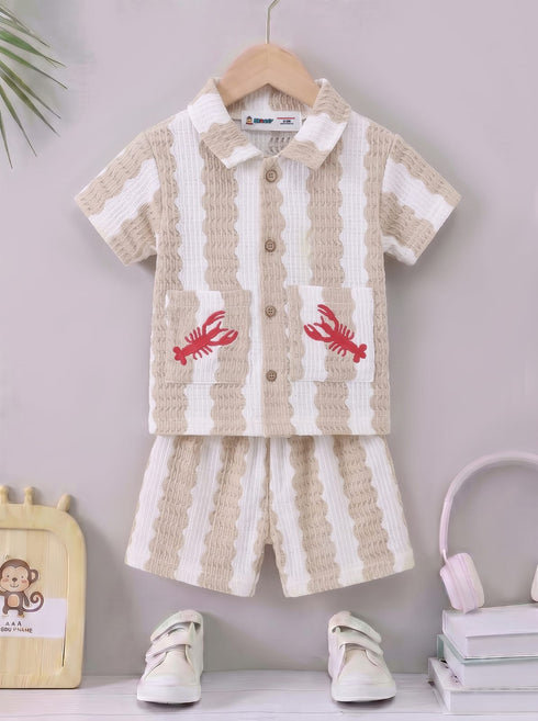 Beige Striped Embroidered Button-Down Shirt Set