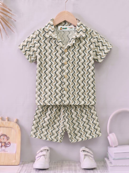 Sage Wave Pattern Cuban Collar Short Set