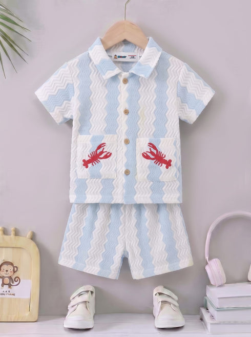 Sky Blue Striped Embroidered Button-Down Shirt Set