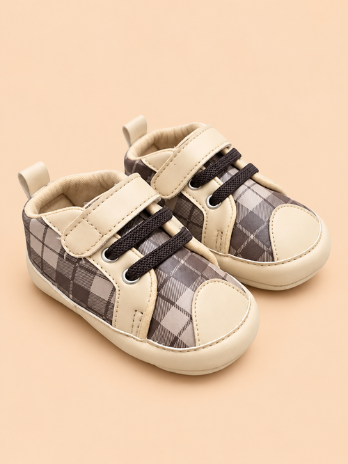Beige Plaid Sneakers with Velcro Straps