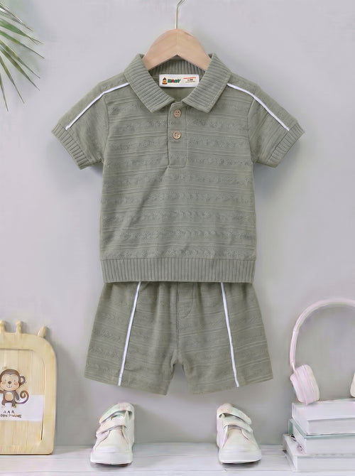Jacquard Textured Polo Short Set (Olive Green)