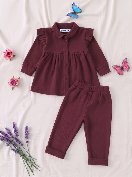 Maroon Ruffle Button-Down Ribbed Frock Set