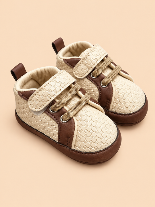 Cream & Brown Woven Texture Sneakers with Velcro Straps