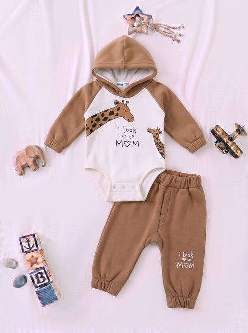 Giraffe Look Up to Mom Fleece Hooded Bodysuit Set