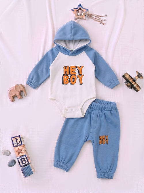 Hey Boy Printed Fleece Hooded Bodysuit Set