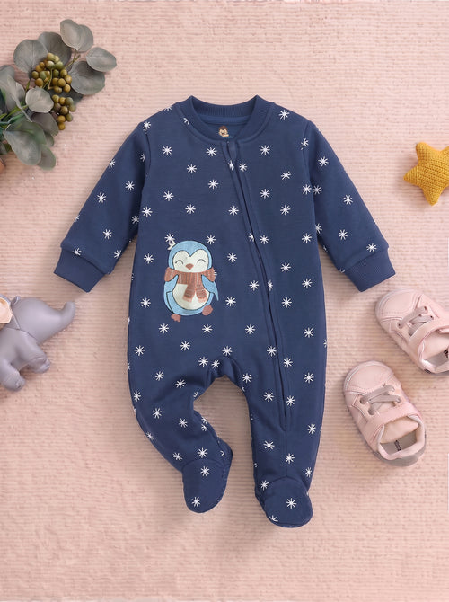 Snowy Penguin Printed Fleece Footed Sleepsuit