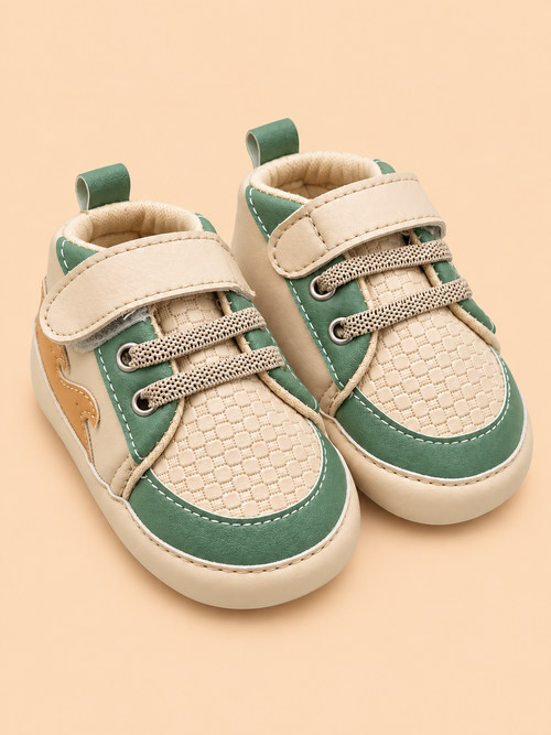 Cream & Sage Green Casual High-Top Sneakers with Velcro Strap