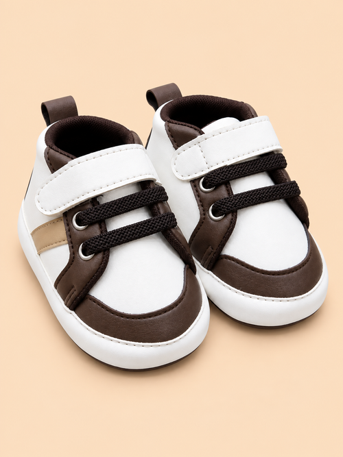 Classic White & Brown Casual Sneakers with Velcro Straps
