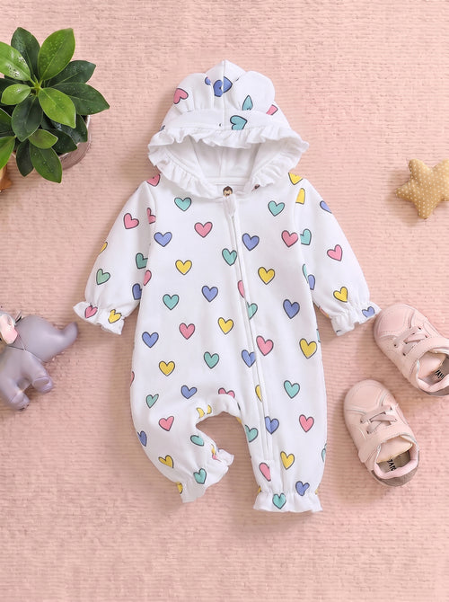 Rainbow Hearts Frilled Fleece Hooded Sleepsuit