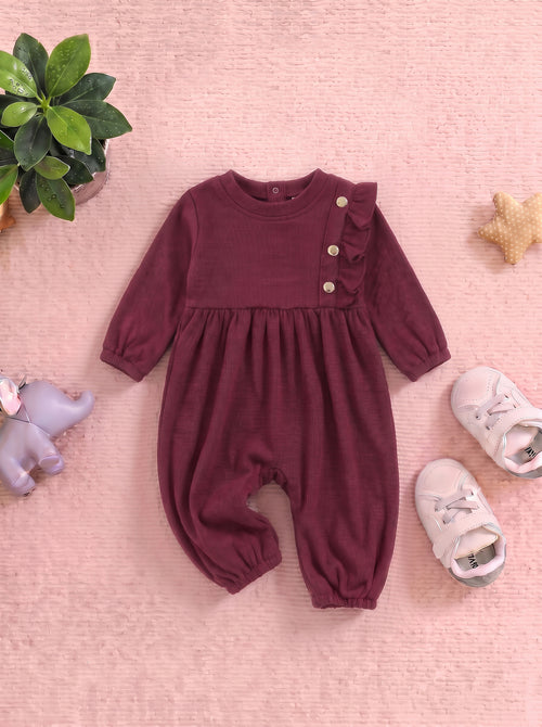 Maroon Ruffle Button-Detail Ribbed Sleepsuit
