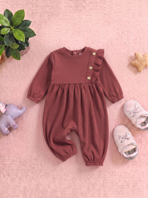 Red Ruffle Button-Detail Ribbed Sleepsuit