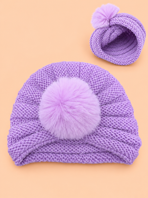 Baby Crochet Knitted Plush Ball Beanie (Purple)