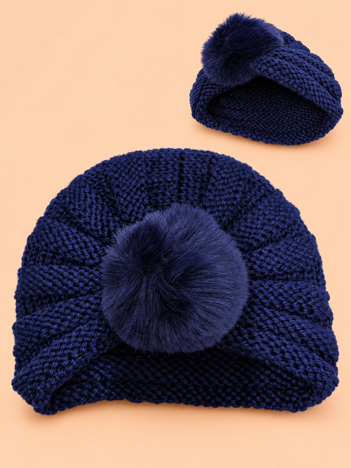Baby Crochet Knitted Plush Ball Beanie (Navy)