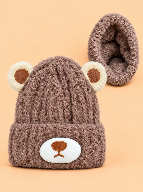 Teddy Bear Knitted Baby Beanies (Brown)