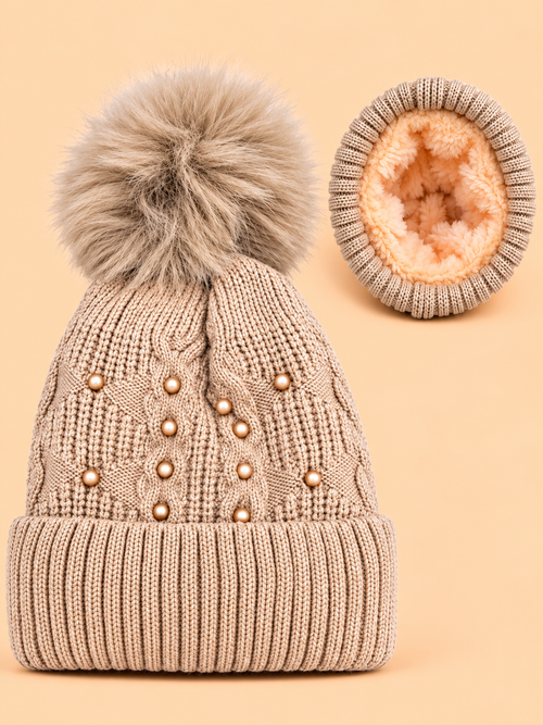 Baby Knitted Pearl Beanies (Beige)