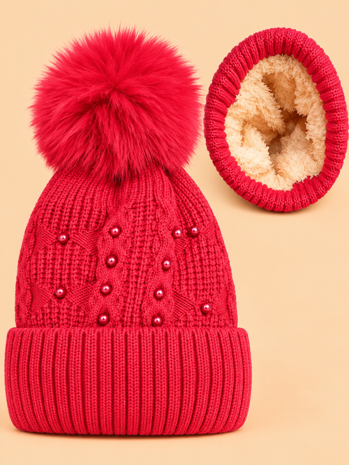 Baby Knitted Pearl Beanies (Red)
