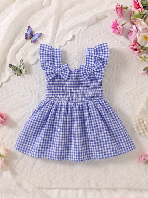 Blue Plaid Smocked Bow Frock