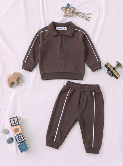 Ribbed Quarter-Zip Raglan Set (Brown)