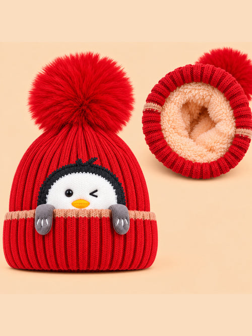 Penguin Embroidery Knitted Beanies (Red)