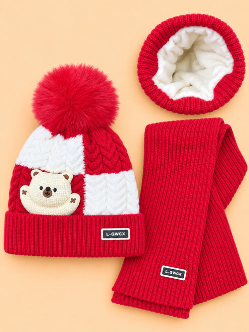 2-Pcs Bear Earflap Beanie Cap & Knitted Muffler Gift Set (Red)