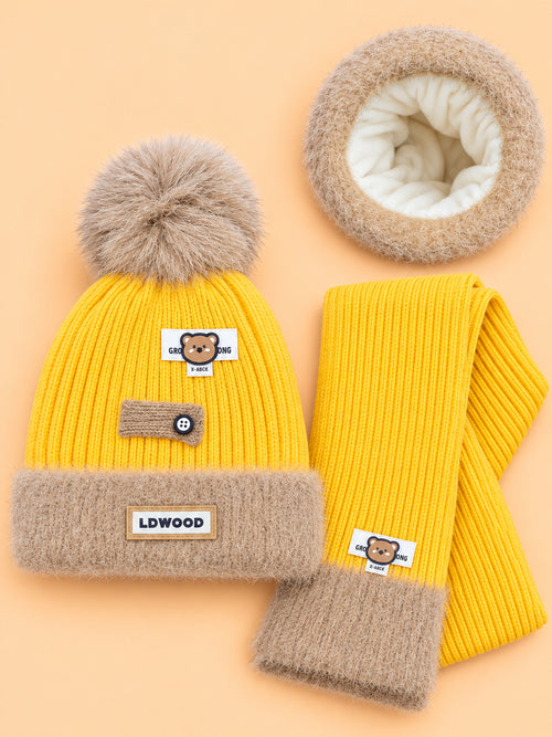 2-Pcs Baby Earflap Beanie Cap & Knitted Muffler Gift Set (Yellow)