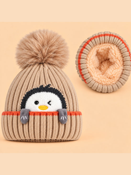 Penguin Embroidery Knitted Beanies (Beige)