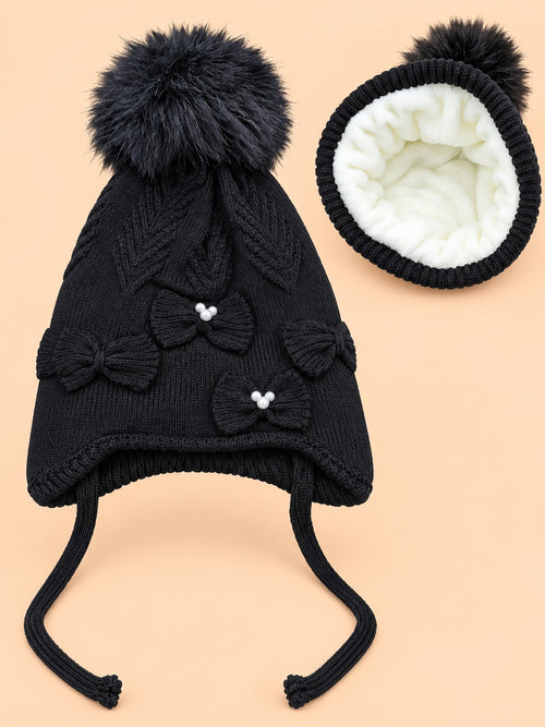Baby Earflap Knitted Pearl Bow Beanie (Black)