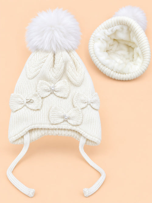 Baby Earflap Knitted Pearl Bow Beanie (White)