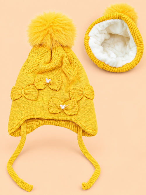 Baby Earflap Knitted Pearl Bow Beanie (Yellow)