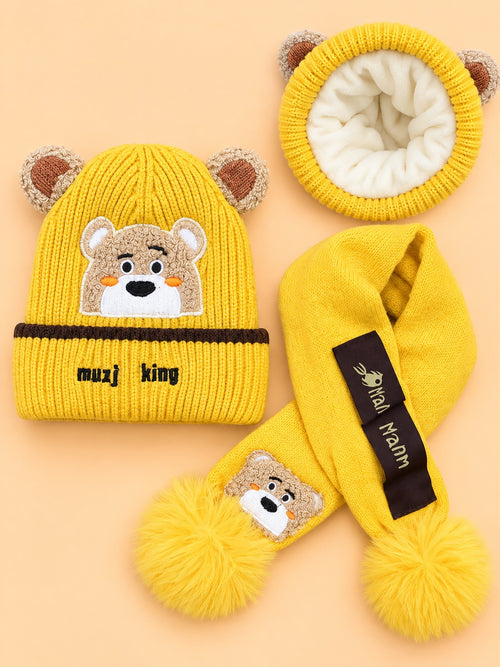 2-Pcs Bear Embroidered Earflap Beanie Cap & Knitted Muffler Gift Set (Yellow)