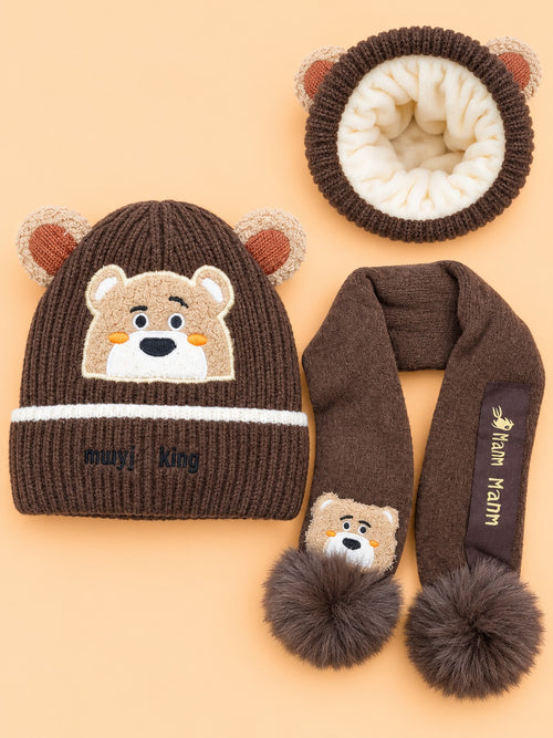 2-Pcs Bear Embroidered Earflap Beanie Cap & Knitted Muffler Gift Set (Brown)