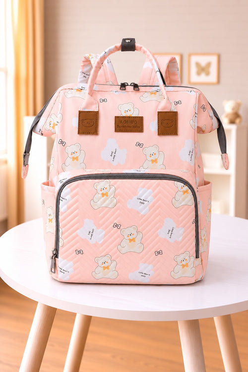Teddy Bear Printed Baby Diaper Bag Backpack (Peach)