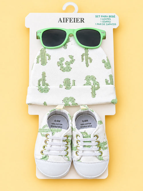 3-Pcs Cactus Printed Baby Sneakers with Cap & Glasses