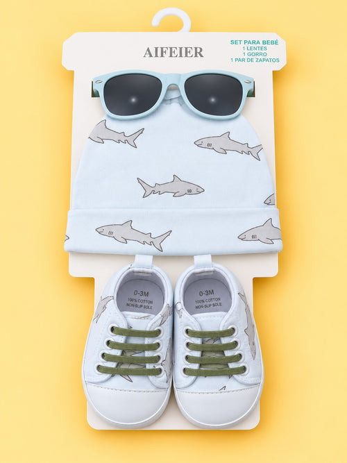 3-Pcs Shark Printed Baby Sneakers With Cap & Glasses
